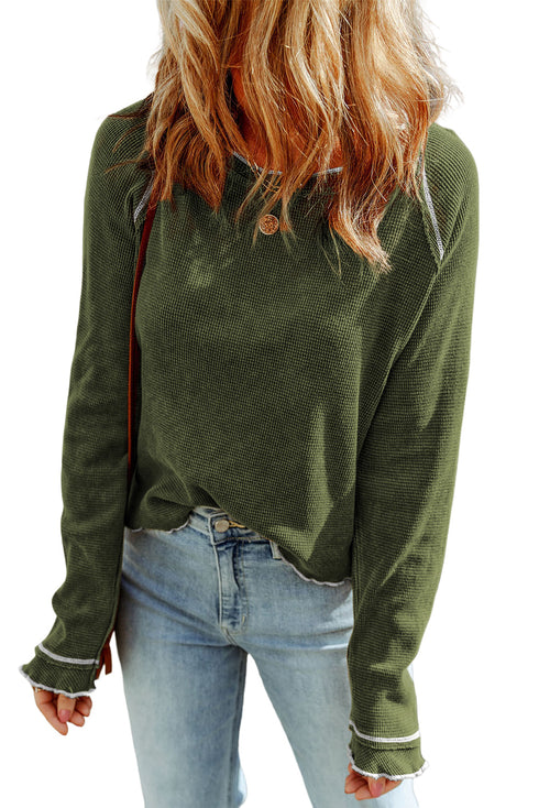 Seam Detail Waffle Knit Crew Neck Relaxed Fit Long Sleeve Top